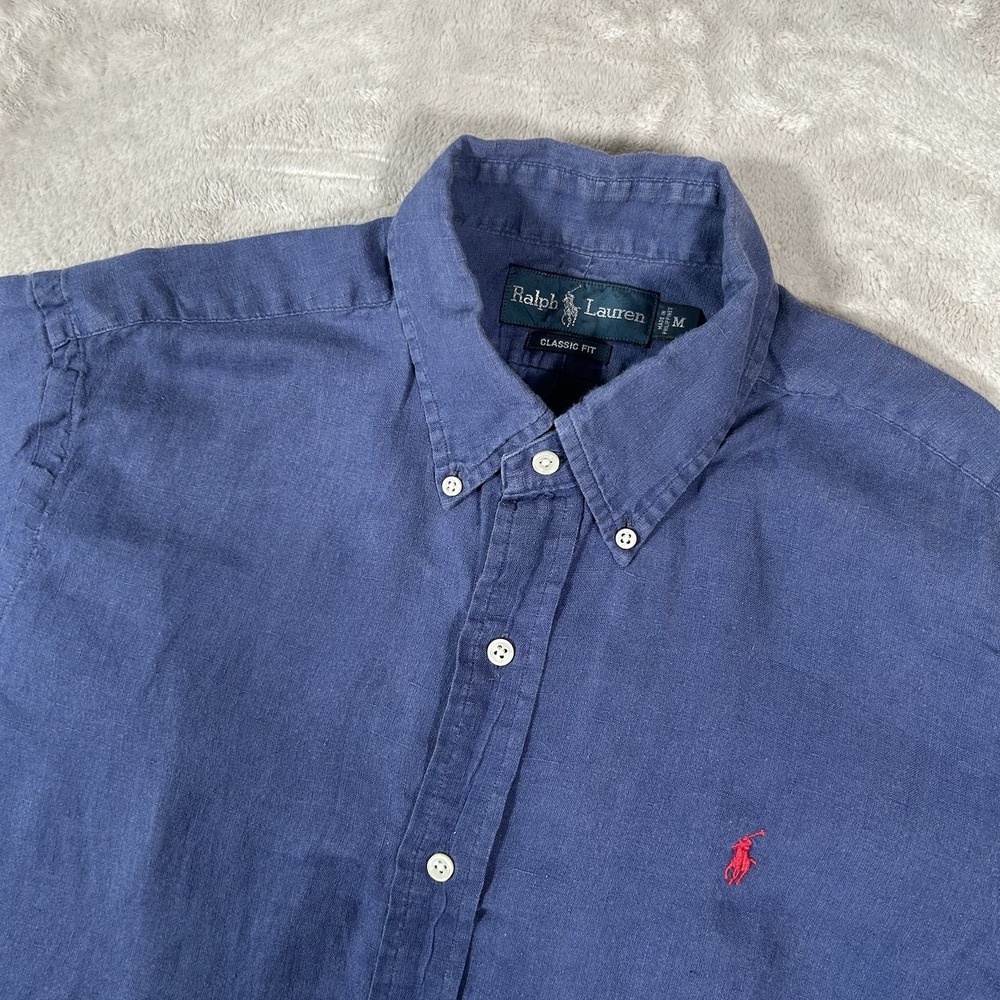 VTG 90s Polo Ralph Lauren Linen Shirt Mens XL Blue Button Up Short Sleeve